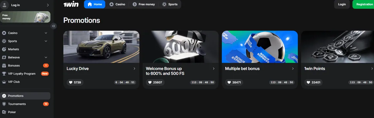 Site da 1win exibindo a seção Promoções com ofertas como Lucky Drive e Bônus de Boas-Vindas de até 600%