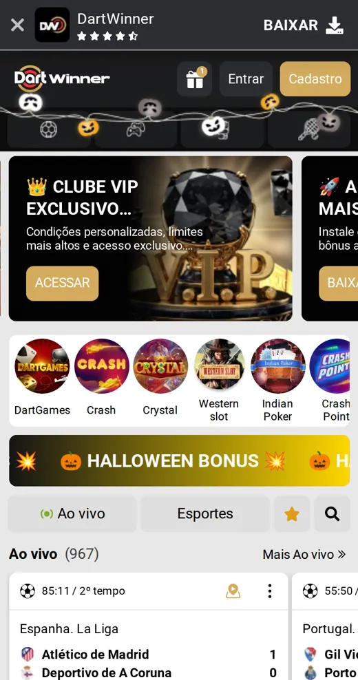 Lobby da DartWinner no celular com promoção VIP, links rápidos para jogos e apostas esportivas ao vivo