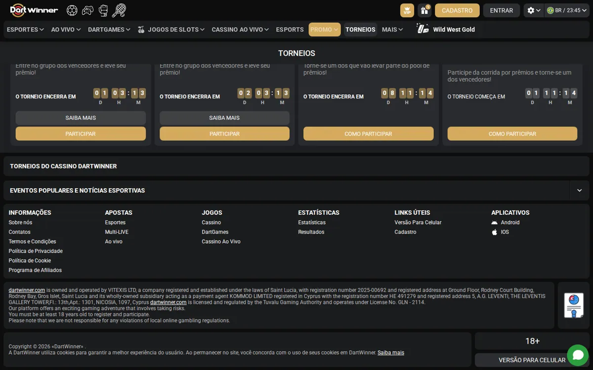 Seção Promo da DartWinner mostrando quatro torneios ativos com contagens regressivas e botões de participação.