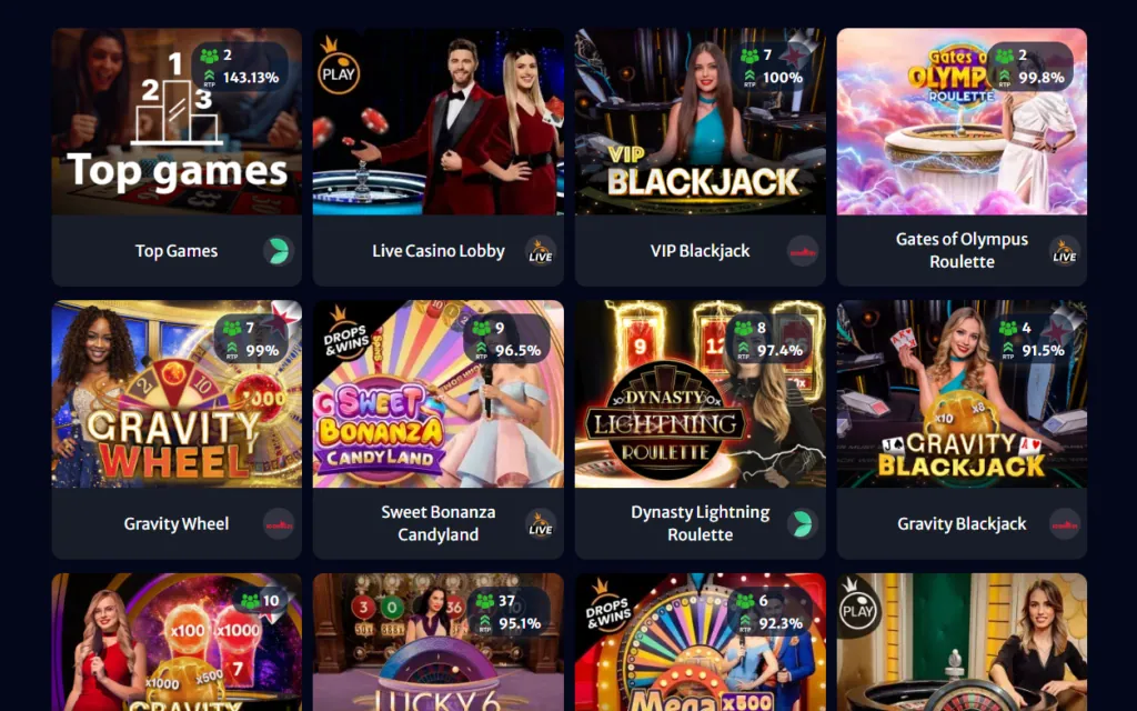 Lobby do cassino Hellspin mostrando uma grade de jogos de cassino ao vivo, como Blackjack, Roleta e game shows.