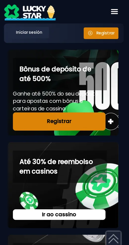 Lobby do LuckyStar no celular exibindo banners promocionais de bônus de depósito de 500% e cashback de cassino.