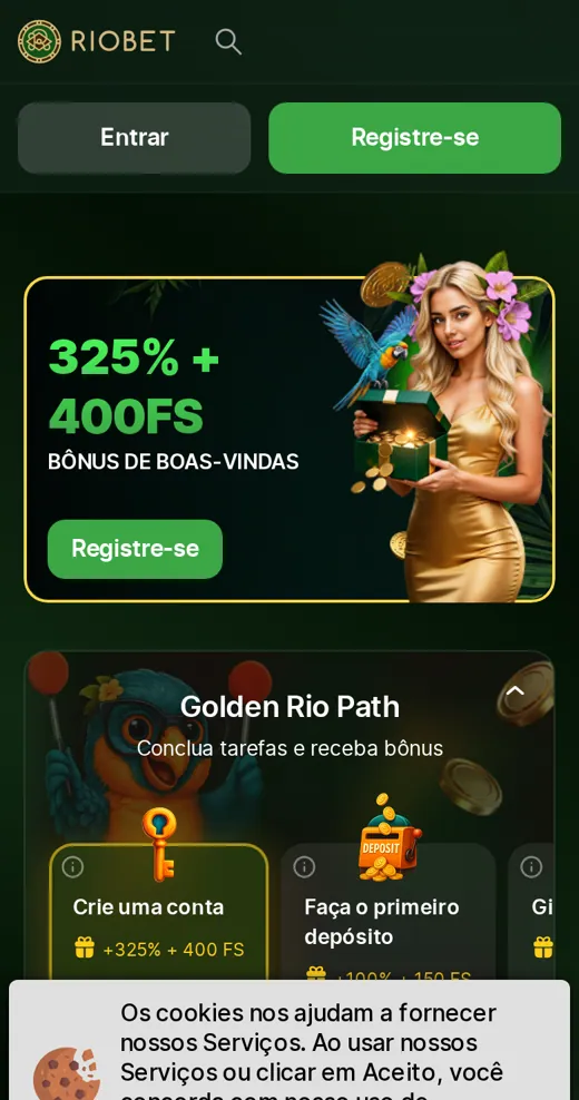 Lobby móvel da Riobet com bônus de boas-vindas de 325% mais 400 rodadas grátis e a missão Golden Rio Path.